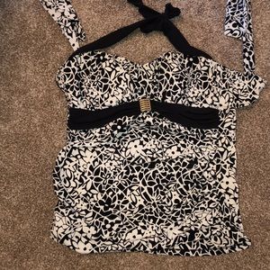 Black and white halter tankini swim top